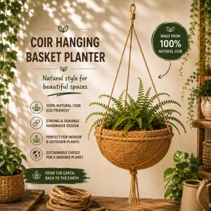 May include: A round hanging basket planter made of brown natural coir fibre, suspended by three braided ropes meeting at a top loop. The planter holds a green fern and features a decorative tassel at the bottom. Text includes COIR HANGING BASKET PLANTER.