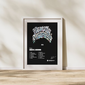 May include: A black and white album cover with the title "Honestly, Nevermind" by Drake. The album cover features a stylised, dripping font with a holographic effect. The tracklist is listed on the right side of the cover.