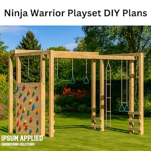 Może przedstawiać: Drewniany zestaw zabaw Ninja Warrior ze ścianką wspinaczkową, kółkami i drabiną linową. Ścianka wspinaczkowa ma kolorowe uchwyty. Zestaw zabaw znajduje się na zielonym trawniku z drzewami w tle. Tekst na zdjęciu brzmi "Ninja Warrior Playset DIY Plans".
