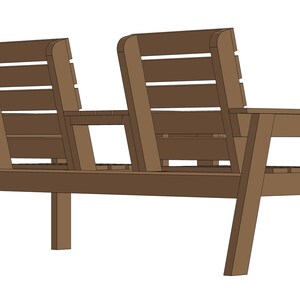 May include: A brown wooden bench with two backrests and a small shelf in the middle. The bench has a simple design with straight lines and a slightly angled back.