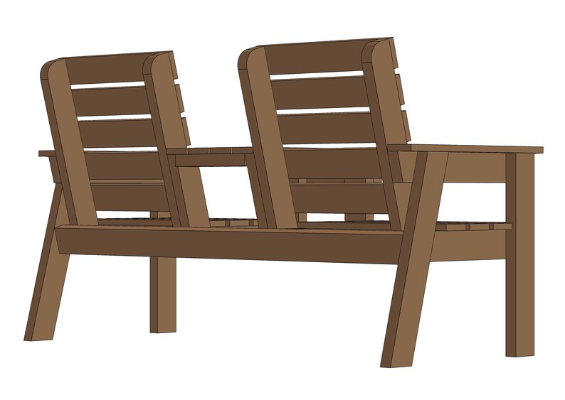 May include: A brown wooden bench with two backrests and a small shelf in the middle. The bench has a simple design with straight lines and a slightly angled back.