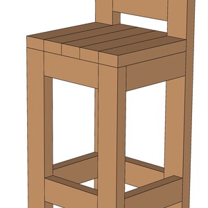 May include: A wooden bar stool with a simple design. The stool has a rectangular seat, a back rest with a single horizontal slat, and a lower support bar. The stool is made of light brown wood.