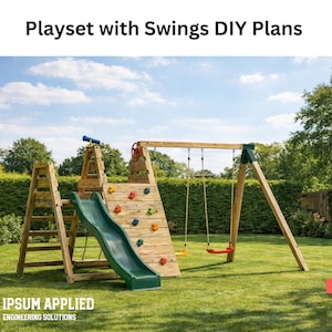 Plany podwójnej konstrukcji wspinaczkowej DIY (PDF) | Drewniany zestaw zabaw dla dzieci z huśtawkami, zjeżdżalnią i ścianką wspinaczkową | Zestaw huśtawek ogrodowych | Pobierz natychmiast