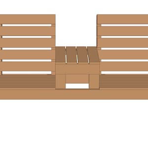 May include: A wooden bench with two seats and a small table in the middle. The bench is made of light brown wood and has a slatted back and seat.