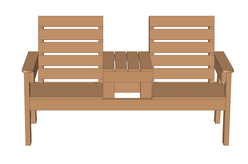 May include: A wooden bench with two seats and a small table in the middle. The bench is made of light brown wood and has a slatted back and seat.