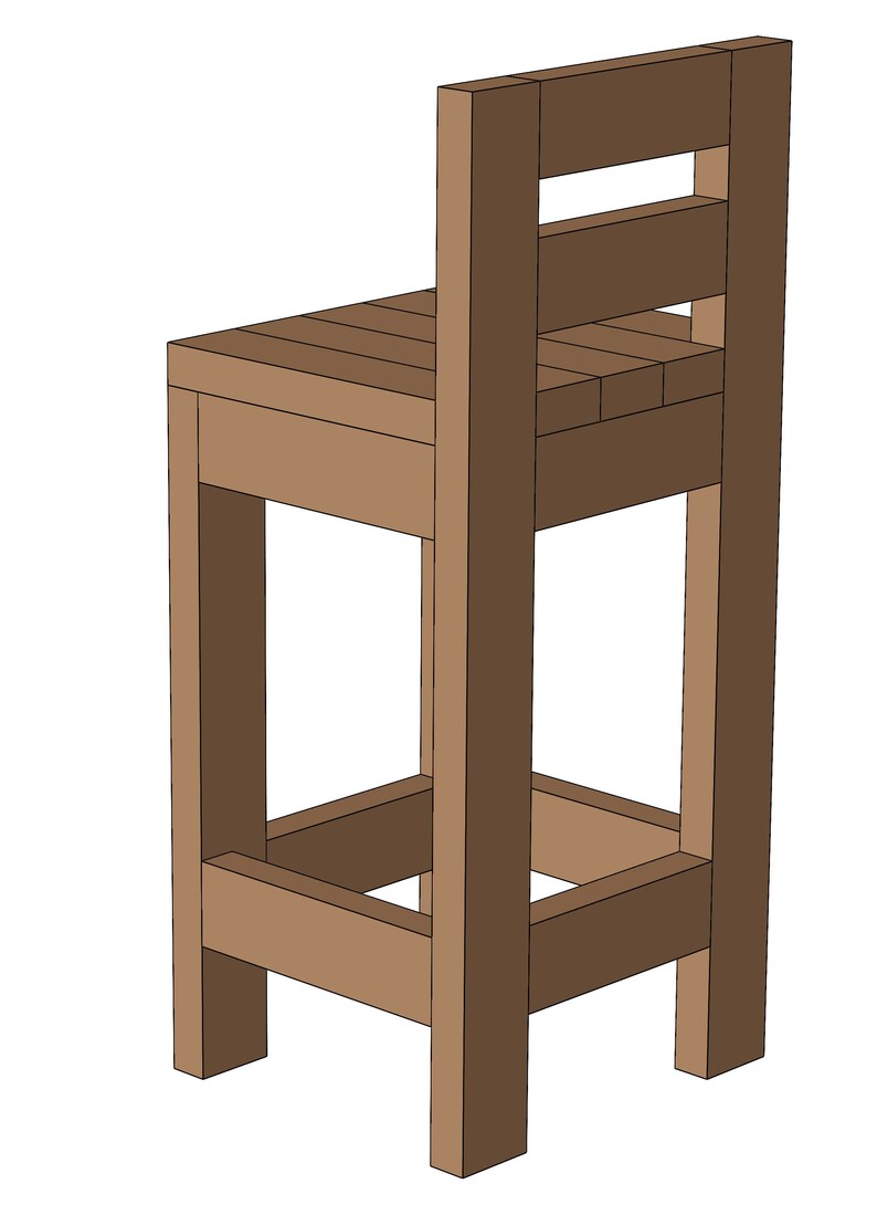 May include: A brown wooden bar stool with a slatted back and seat. The stool has a simple, rustic design and is made of solid wood.