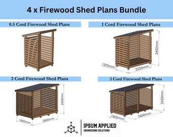 May include: A set of four 3D renderings of firewood shed plans. The plans are for sheds that can hold 0.5, 1, 2, and 3 cords of wood. The plans include dimensions in millimeters.