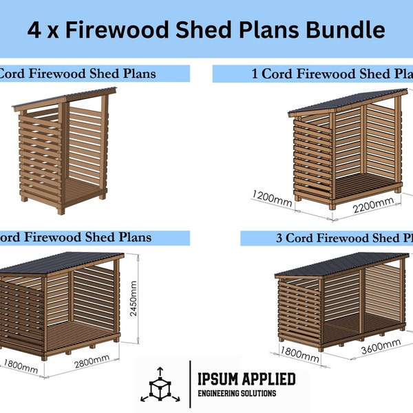 4 x Firewood Shed Plans & Assembly Instructions Bundle - Comes with Cut Lists and Step-by-Step Guides - DIY Shed Plans
