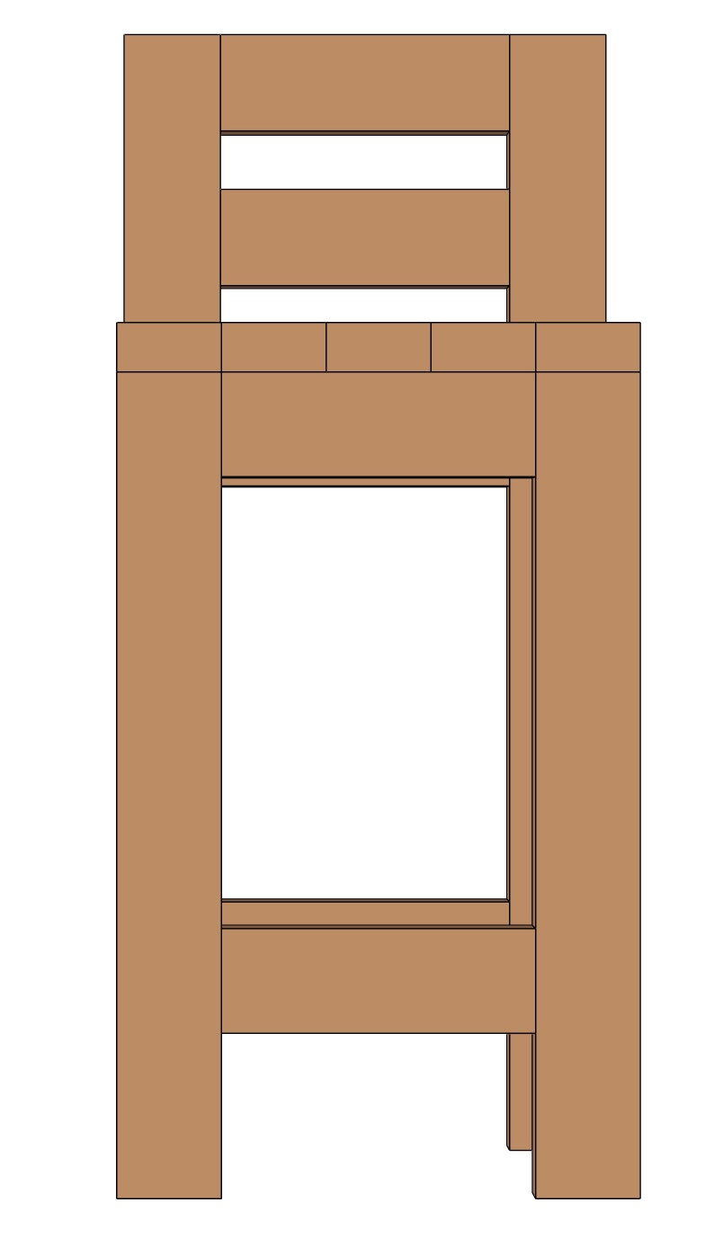 May include: A wooden stool with a brown finish and a rectangular seat. The stool has a simple design with a back rest and two horizontal supports.