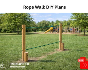 May include: A wooden rope walk structure with green ropes stretched between wooden posts, set in a grassy park. The text "Rope Walk DIY Plans" is at the top. A PDF download icon is in the bottom right corner.