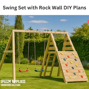 Può includere: Un'altalena in legno con una parete rocciosa e due altalene. La parete rocciosa ha prese colorate. Il testo "Swing Set with Rock Wall DIY Plans" è nella parte superiore dell'immagine. Il set è su un prato.