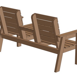 May include: A brown wooden bench with two seats and a small table in the middle. The bench has a slatted back and seat.