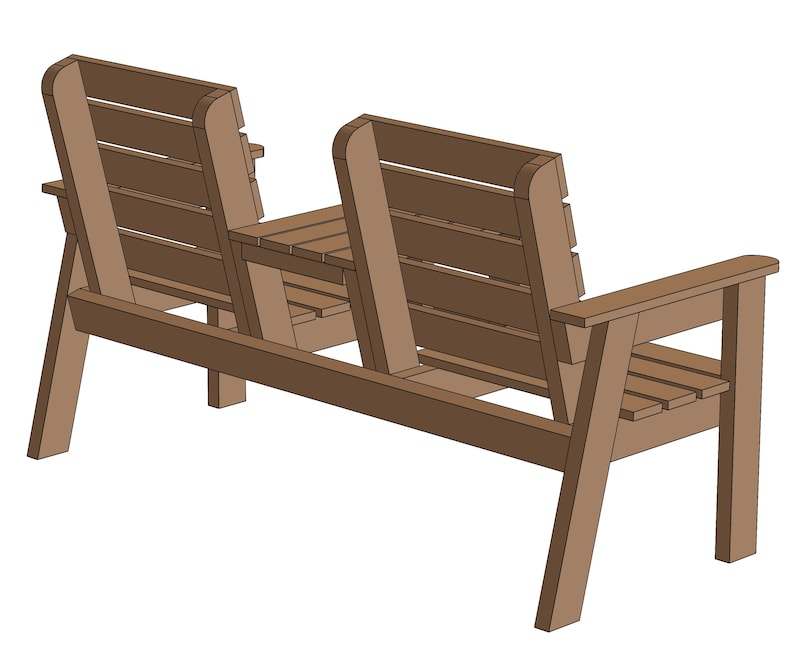 May include: A brown wooden bench with two seats and a small table in the middle. The bench has a slatted back and seat.