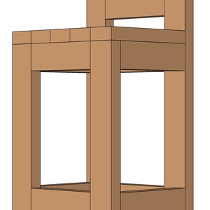 May include: A wooden stool with a simple design, featuring a rectangular seat and a back with a single horizontal slat. The stool is made of light brown wood and has a rustic appearance.