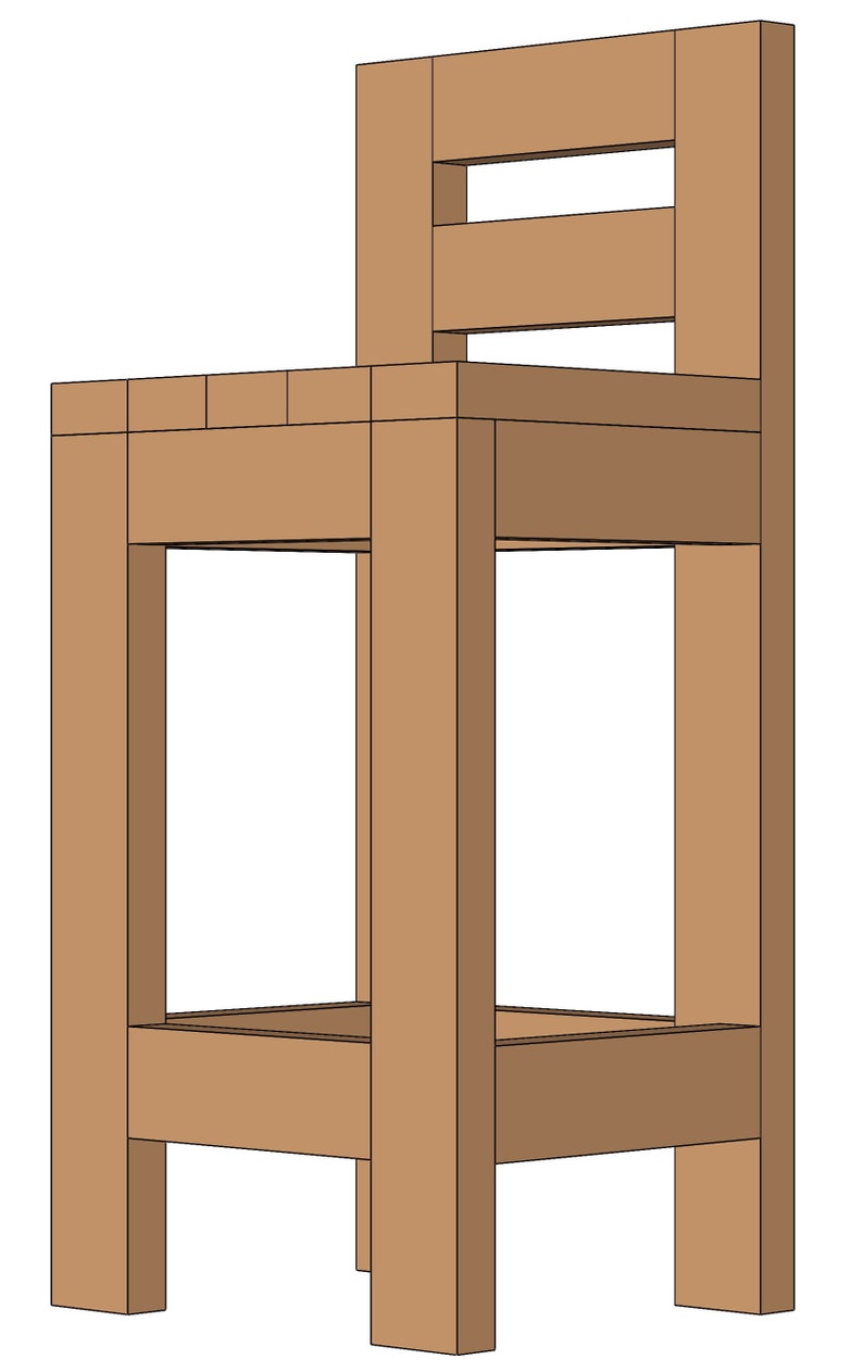 May include: A wooden stool with a simple design, featuring a rectangular seat and a back with a single horizontal slat. The stool is made of light brown wood and has a rustic appearance.