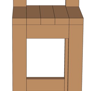 May include: A wooden stool with a back and two horizontal slats. The stool is brown and has a simple design.