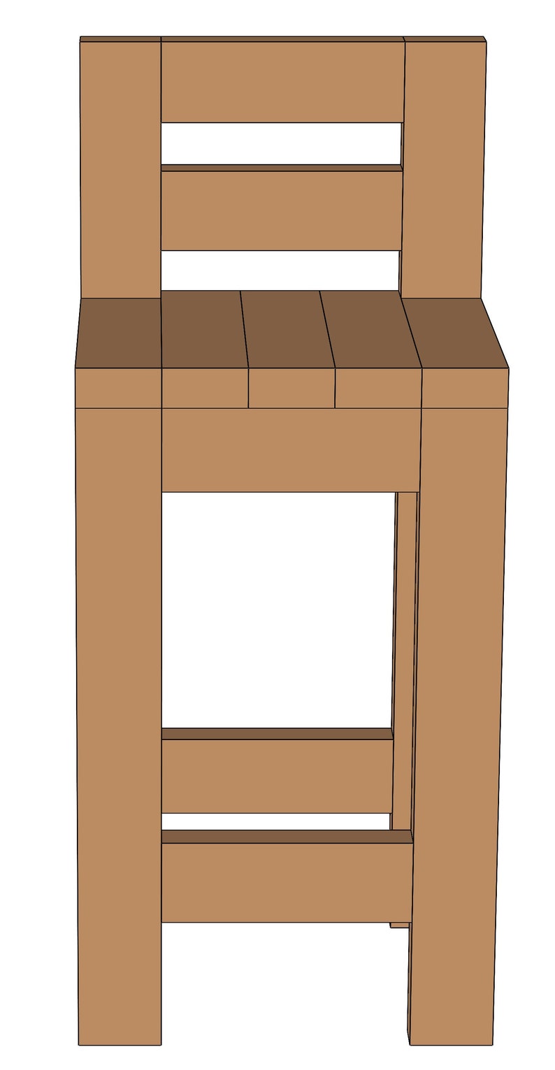 May include: A wooden stool with a back and two horizontal slats. The stool is brown and has a simple design.