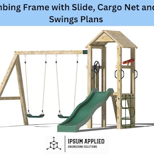 Könnte beinhalten: Holz-Klettergerüst mit einer grünen Rutsche, einem Cargo-Netz und zwei Schaukeln. Das Gerüst hat ein Dach und ein Lenkrad. Der Text "IPSUM APPLIED ENGINEERING SOLUTIONS" ist unten im Bild gedruckt.