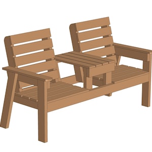 May include: A wooden bench with a small table attached to the side. The bench has a natural brown finish and is made of sturdy wood.