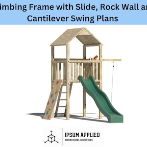Può includere: Struttura di arrampicata in legno con uno scivolo verde, una parete di arrampicata e un'altalena a sbalzo. La struttura ha un tetto e una piattaforma. Il testo "IPSUM APPLIED ENGINEERING SOLUTIONS" è stampato sotto la struttura.