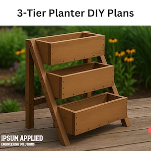 May include: A three-tier wooden planter with rectangular boxes arranged in a stepped design. The structure features light brown wood panels held together by visible screws. The text 3-Tier Planter DIY Plans and Ipsum Applied Engineering Solutions appear.