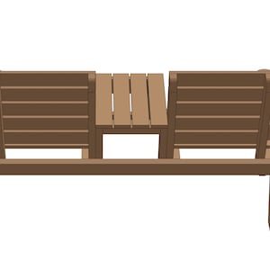 May include: A wooden bench with two seats and a small table in the middle. The bench is brown and has a slatted back.