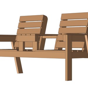 May include: A wooden bench with two backrests and a small table in the middle. The bench is made of light brown wood and has a simple design.