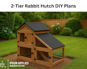 Könnte beinhalten: Ein zweistöckiger Kaninchenstall aus Holz mit schwarzem Dach. Der Stall hat zwei Ebenen mit Drahtgeflecht und Holztüren. Der Text "2-Tier Rabbit Hutch DIY Plans" befindet sich oben im Bild.