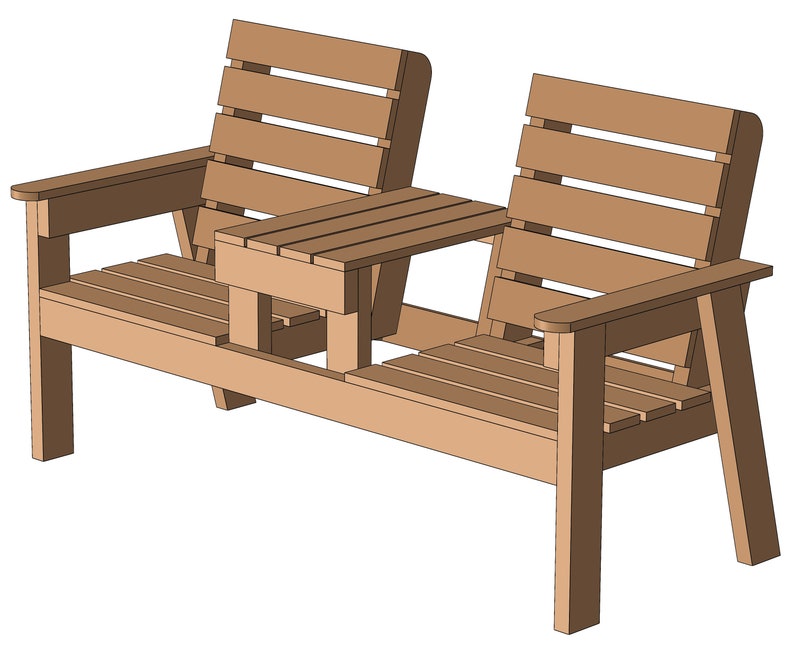 May include: A wooden bench with a small table attached to the side. The bench has a brown stain and is made of slats. The table is also made of slats and has a rectangular top.