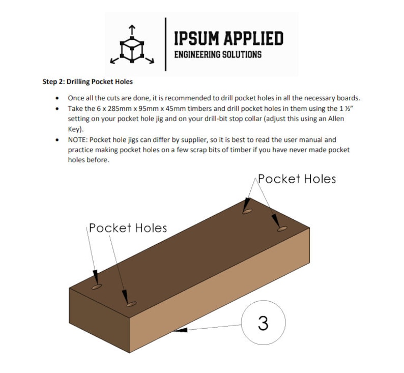 May include: Diagram showing how to drill pocket holes in a piece of wood using a pocket hole jig. The diagram shows a brown piece of wood with three pocket holes drilled into it. The text "Pocket Holes" is written above the wood. The text "3" is written in a circle below the wood.