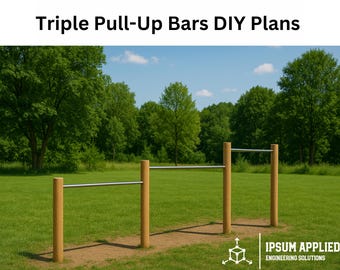 May include: Image of a triple pull-up bar set in a grassy park. The bars are made of silver metal and are supported by wooden posts. The text "Triple Pull-Up Bars DIY Plans" is at the top of the image.