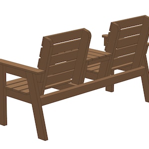May include: A brown wooden bench with two seats and a back. The bench has a slatted design and is made of sturdy wood.