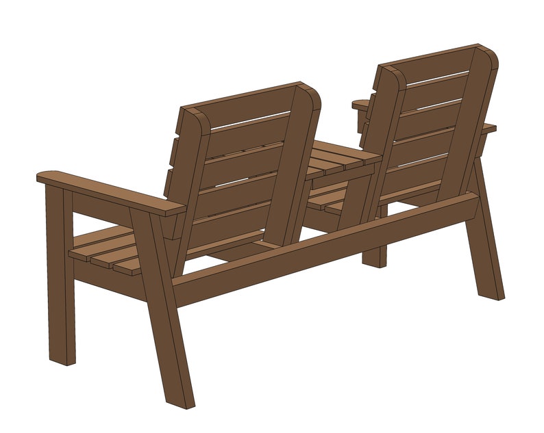 May include: A brown wooden bench with two seats and a back. The bench has a slatted design and is made of sturdy wood.