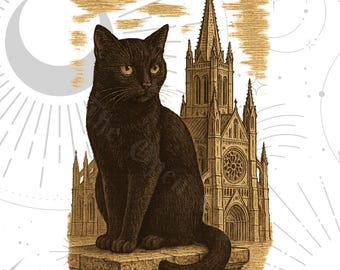 Gato Preto e Catedral PNG para Download Digital Instantâneo | Sublimação Religiosa Gótica, Design para Camiseta ou Cricut