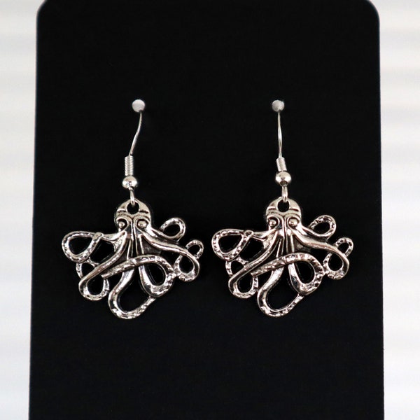 Silver Octopus Dangle Earrings | Animal Ocean/Sea Lover Pirate Hypo-Allergenic Jewelry