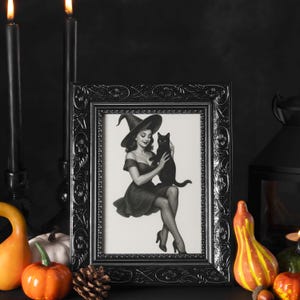 Chica bruja pin-up con gato PNG, JPG y SVG Descarga digital instantánea / Hermoso diseño de Halloween para sublimación, camiseta o Cricut