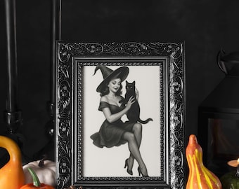 Bruxa Pin Up com Gato PNG, JPG e SVG para Download Digital Instantâneo | Lindo Design de Sublimação de Halloween, Camiseta ou Cricut