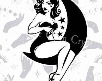 Pin Up Moon Girl PNG, JPG & SVG Instant Digital Download | Beautiful Astrology Sublimation, Shirt or Cricut Design