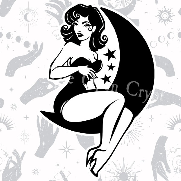 Pin Up Moon Girl PNG, JPG & SVG Instant Digital Download | Beautiful Astrology Sublimation, Shirt or Cricut Design