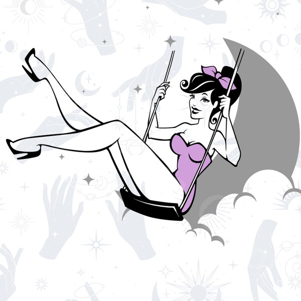 Pin Up Moon Swing Girl PNG & JPG Instant Download | Beautiful Astrology Sublimation Design