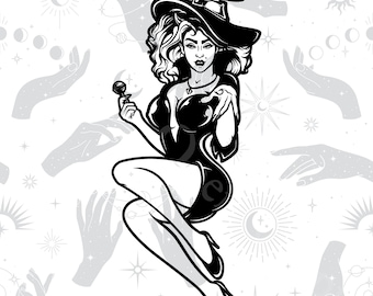 Bruxa Pin Up Girl Download instantâneo PNG e JPG | Lindo design de sublimação assustador