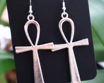 Ankh Cross Dangle Earrings | Silver or Bronze Alternative Goth Egyptian Hypo-Allergenic Jewelry