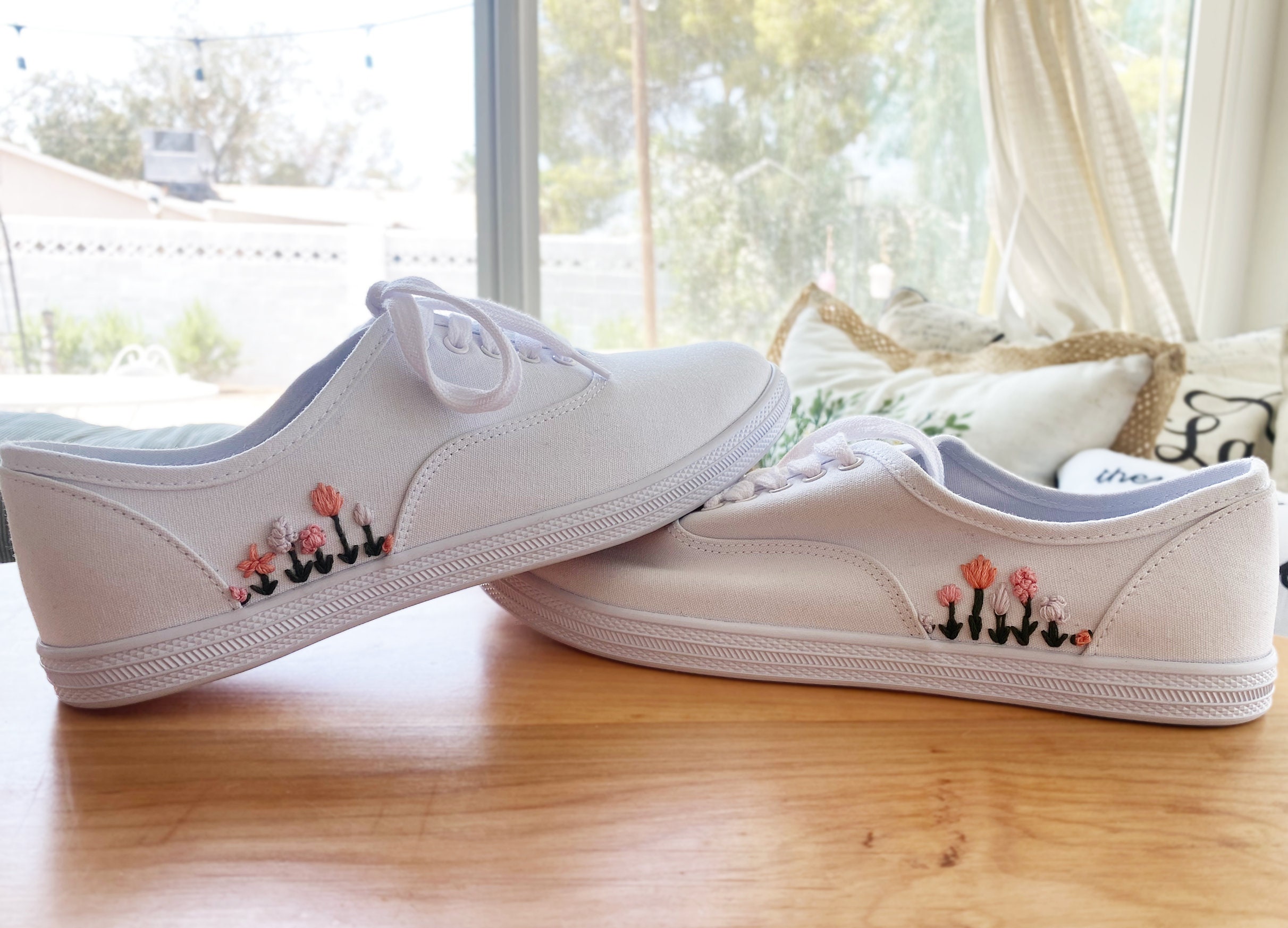 Custom White Sneakers Flower Embroidery Etsy