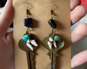 Antique Key Oddity Earrings with Coyote Teeth and Chrysocolla Handmade and One of a Kind