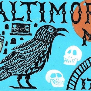 Poe-st Card, Weird Baltimore Print, Handmade 5 Layer Block Print