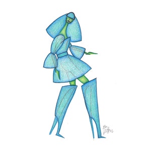May include: An illustration of a person wearing a blue dress and tall blue boots. The person has a green face and blue hair. The illustration is signed "Bar Ritten".