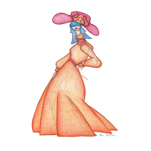 May include: A hand-drawn illustration of a woman wearing a long orange dress with a pink and red hat. The woman has blue hair and is looking to the side.