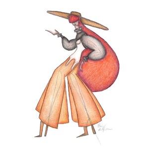 Könnte beinhalten: Bleistiftzeichnung einer Figur in einem breitkrempigen Hut und einem orangefarbenen Outfit. Die Figur hat eine rote Kopfbedeckung und ein schwarzes Oberteil mit langen Ärmeln. Das Outfit umfasst eine weite Hose und einen langen Mantel.