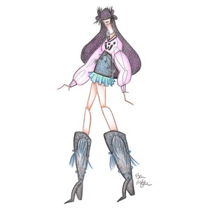 May include: A hand-drawn illustration of a woman wearing a pink blouse, a blue skirt, black boots, and a black headband. The woman has long black hair and is wearing a necklace. The illustration is signed "Ben Ryffe".