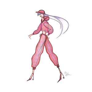 May include: A fashion illustration of a person wearing a red hooded top, red pants, and red shoes. The person has long purple hair and is wearing a red baseball cap.